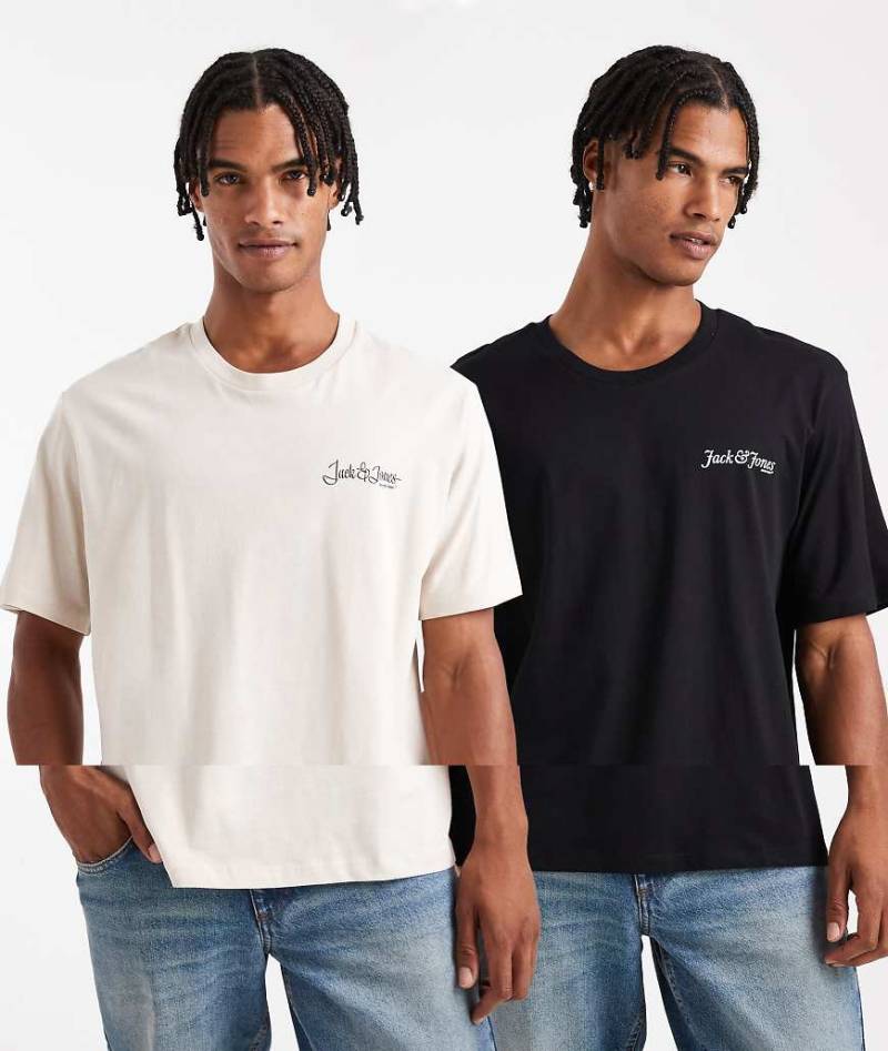 Jack & Jones - 2er-Pack T-Shirt in Schwarz und Beige mit Logo-Bunt von Jack & Jones