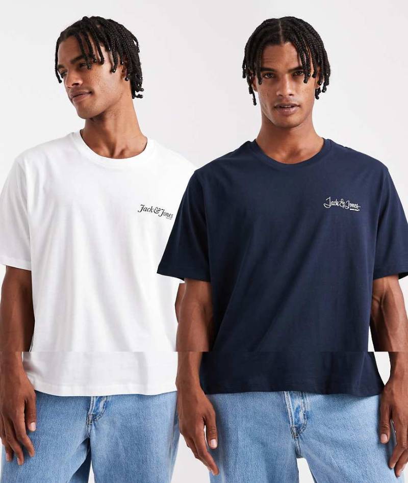 Jack & Jones - 2er-Pack T-Shirts in Weiß und Marineblau mit Logo-Bunt von Jack & Jones