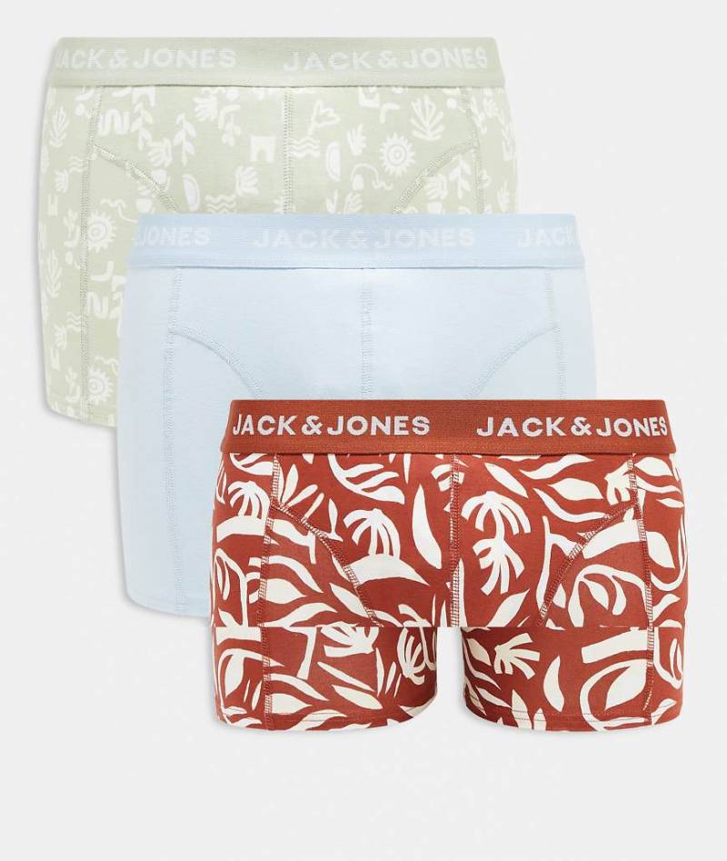 Jack & Jones - 3er-Pack Trunk-Unterhosen in Grün, Blau und Dunkelorange mit Print von Jack & Jones