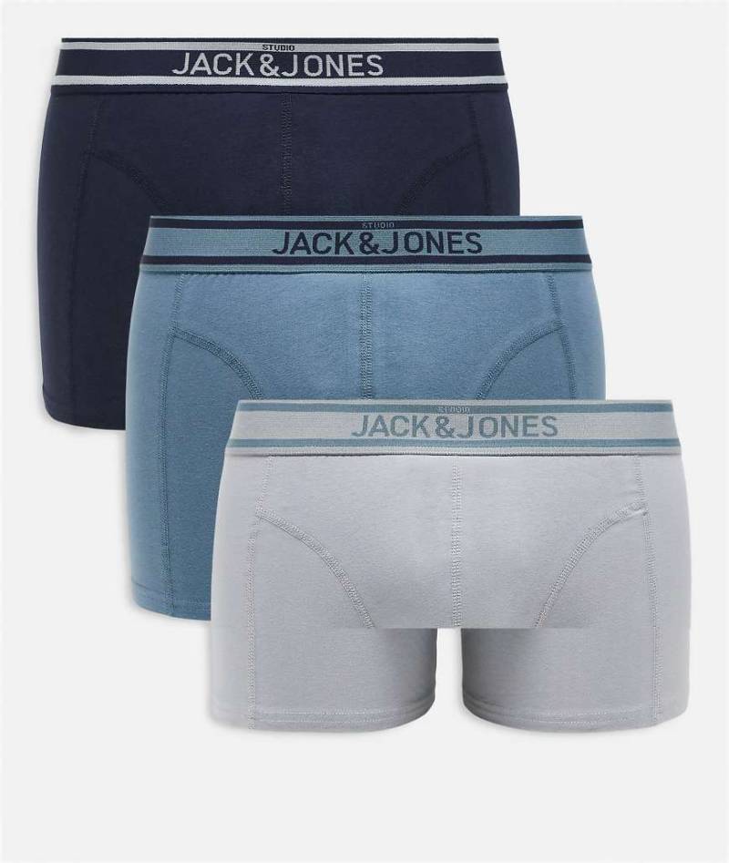 Jack & Jones - 3er-Pack Trunk-Unterhosen in Marineblau, Blau und Grau mit Logo von Jack & Jones