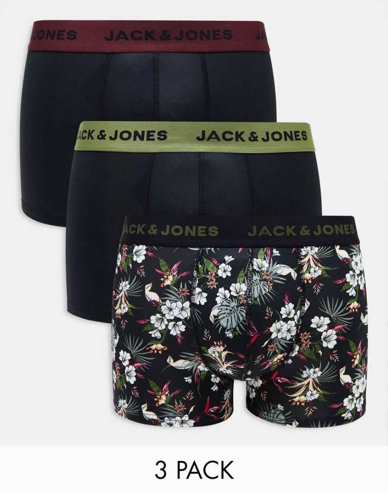 Jack & Jones - 3er-Pack Unterhosen in Schwarz geblümt & Schwarz von Jack & Jones