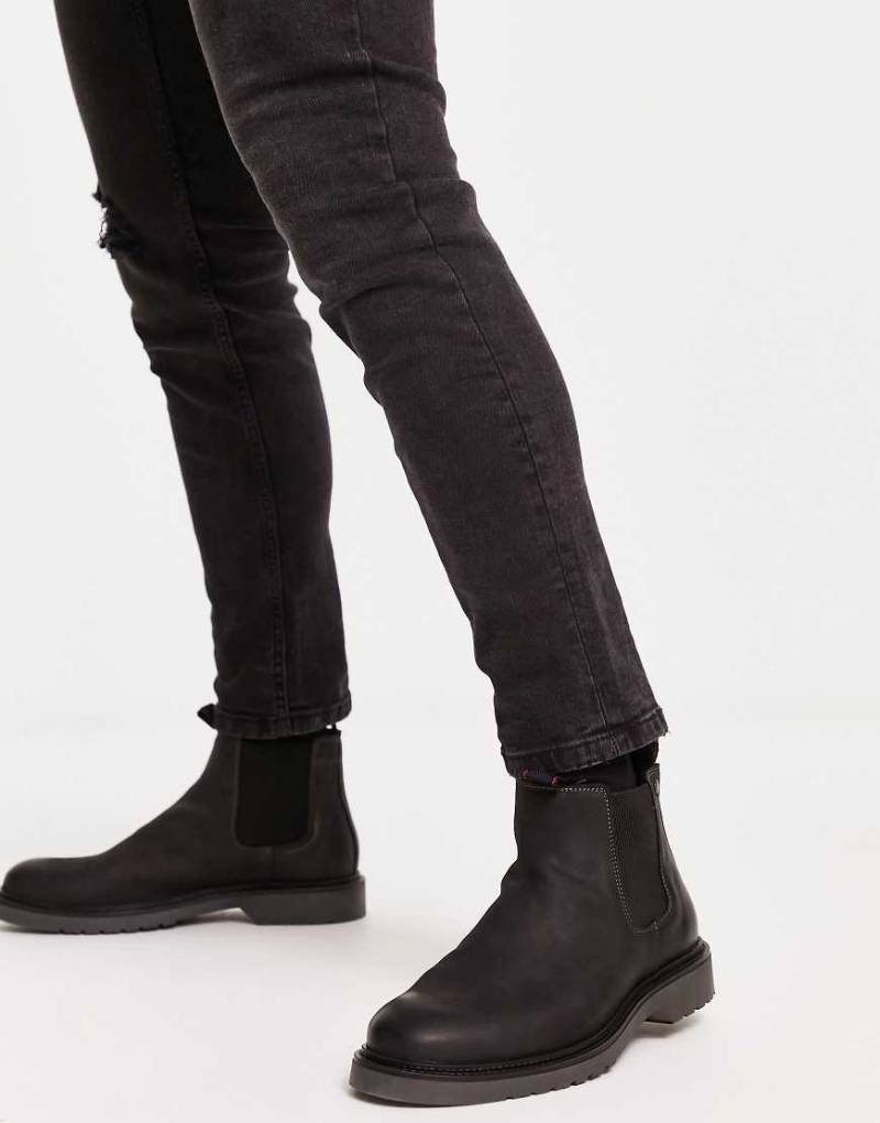 Jack & Jones - Chelsea-Stiefel aus schwarzem Leder mit geriffelter Sohle von Jack & Jones