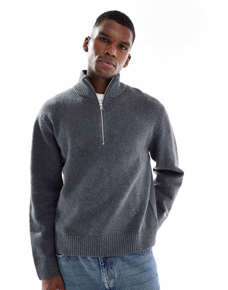 Jack & Jones - Dicker Oversize-Pullover in Dunkelgrau mit kurzem Reißverschluss von Jack & Jones