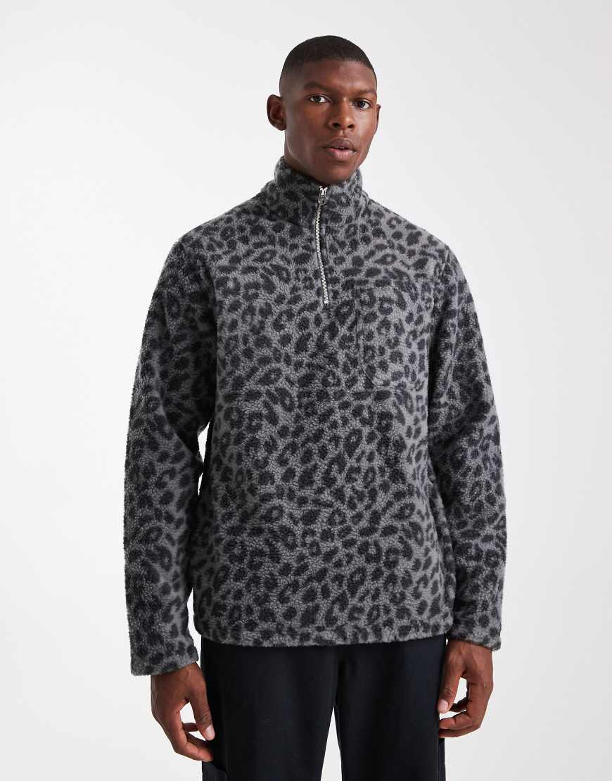 Jack & Jones - Fleece-Sweatshirt mit kurzem Reißverschluss und Leopardenmuster-Grau von Jack & Jones