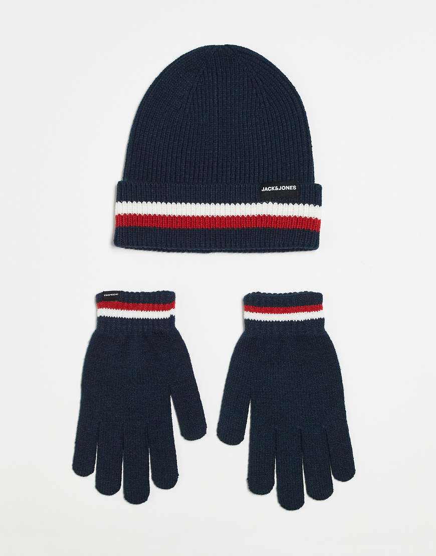 Jack & Jones - Geschenkset mit Strickmütze und Handschuhen in Marineblau mit Streifen von Jack & Jones