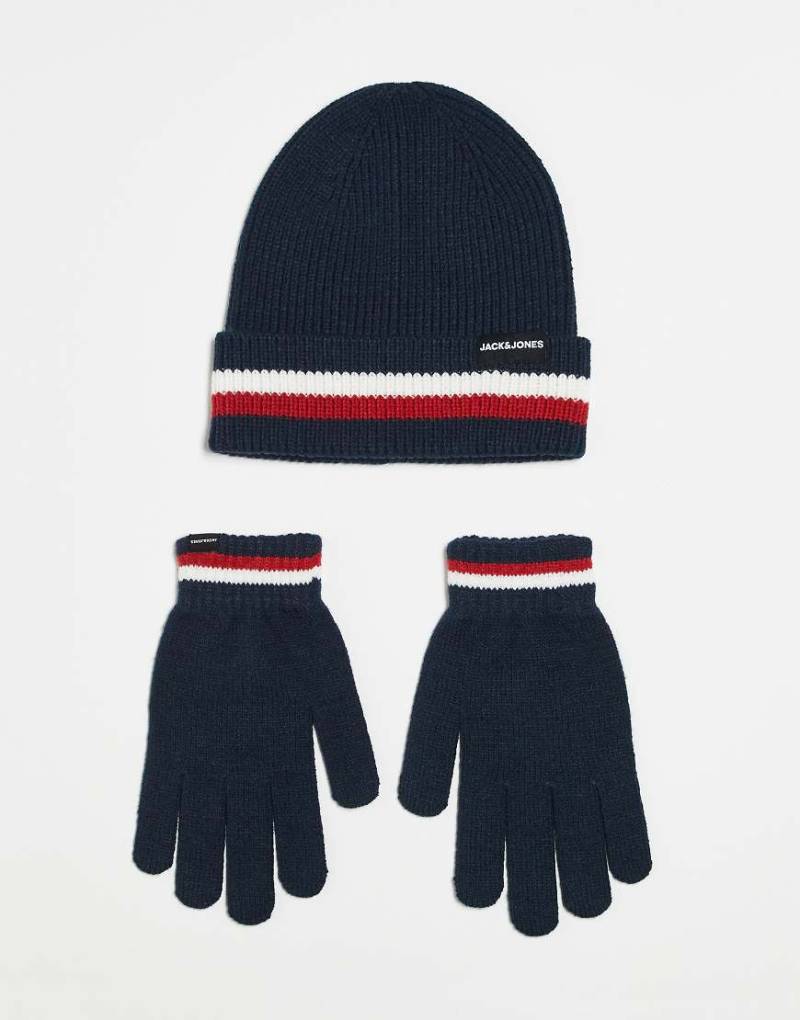 Jack & Jones - Geschenkset mit Strickmütze und Handschuhen in Marineblau mit Streifen von Jack & Jones