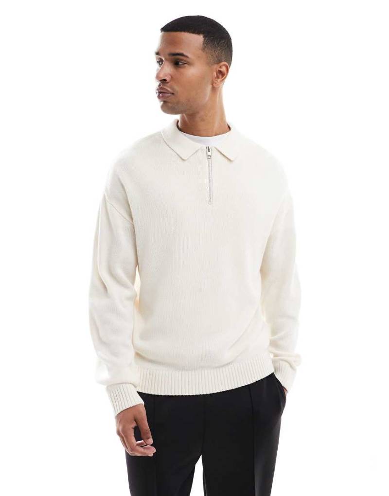 Jack & Jones - Gestricktes Oversize-Polohemd in Creme mit kurzem Reißverschluss-Weiß von Jack & Jones