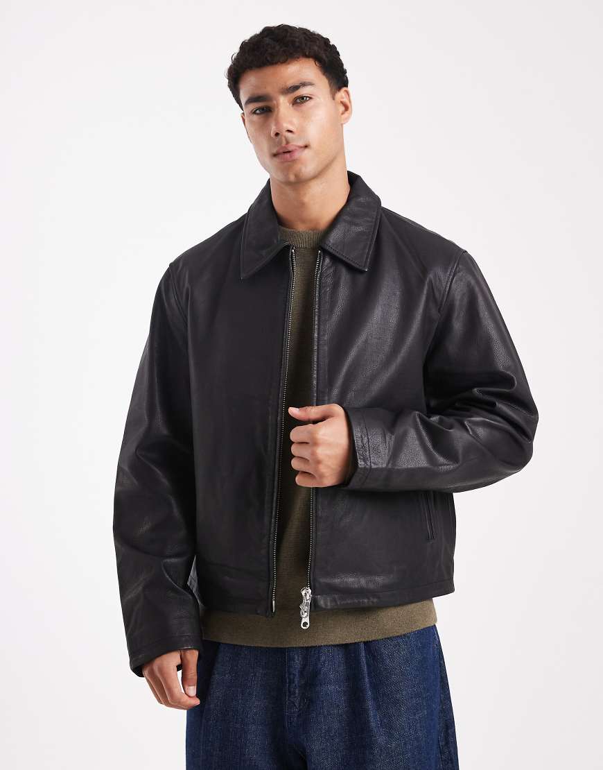 Jack & Jones - Harrington-Lederjacke in Schwarz mit doppeltem Reißverschluss von Jack & Jones