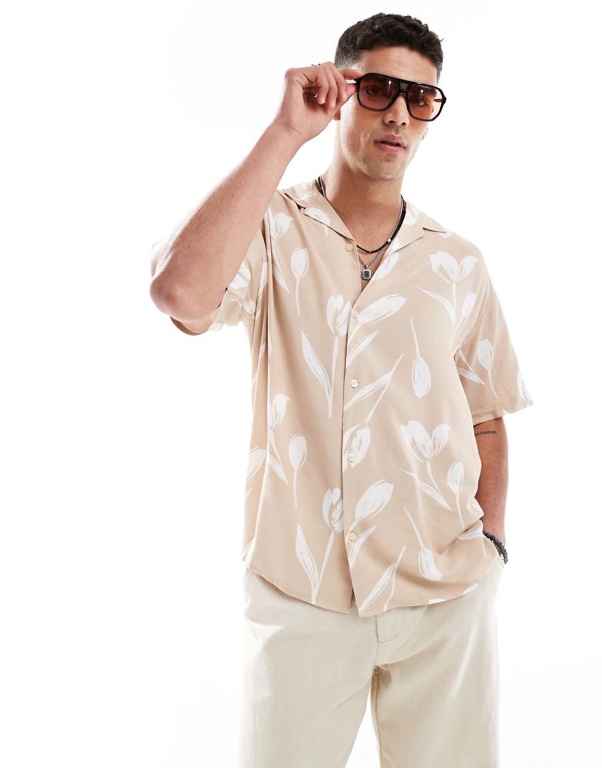 Jack & Jones - Kurzärmliges Hemd in Beige geblümt mit Reverskragen-Neutral von Jack & Jones