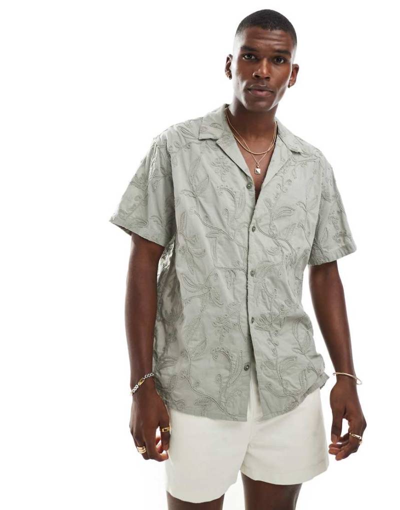 Jack & Jones - Kurzärmliges Hemd in Khaki mit Stickerei-Grün von Jack & Jones