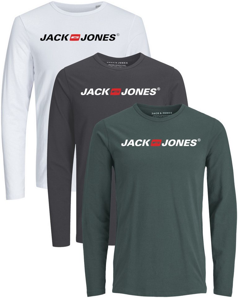 Jack & Jones Langarmshirt Regular-Fit mit stilvollem Printdruck (Spar-Set, 3er-Pack) in Unifarbe aus Baumwolle, mit lizenziertem Originaldesign Print von Jack & Jones