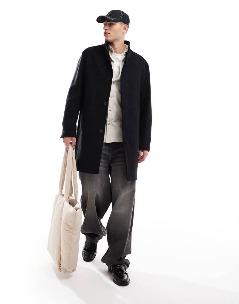 Jack & Jones - Langer Wollmix-Mantel in Dunkelgrau mit Stehkragen und Hahnentrittmuster von Jack & Jones