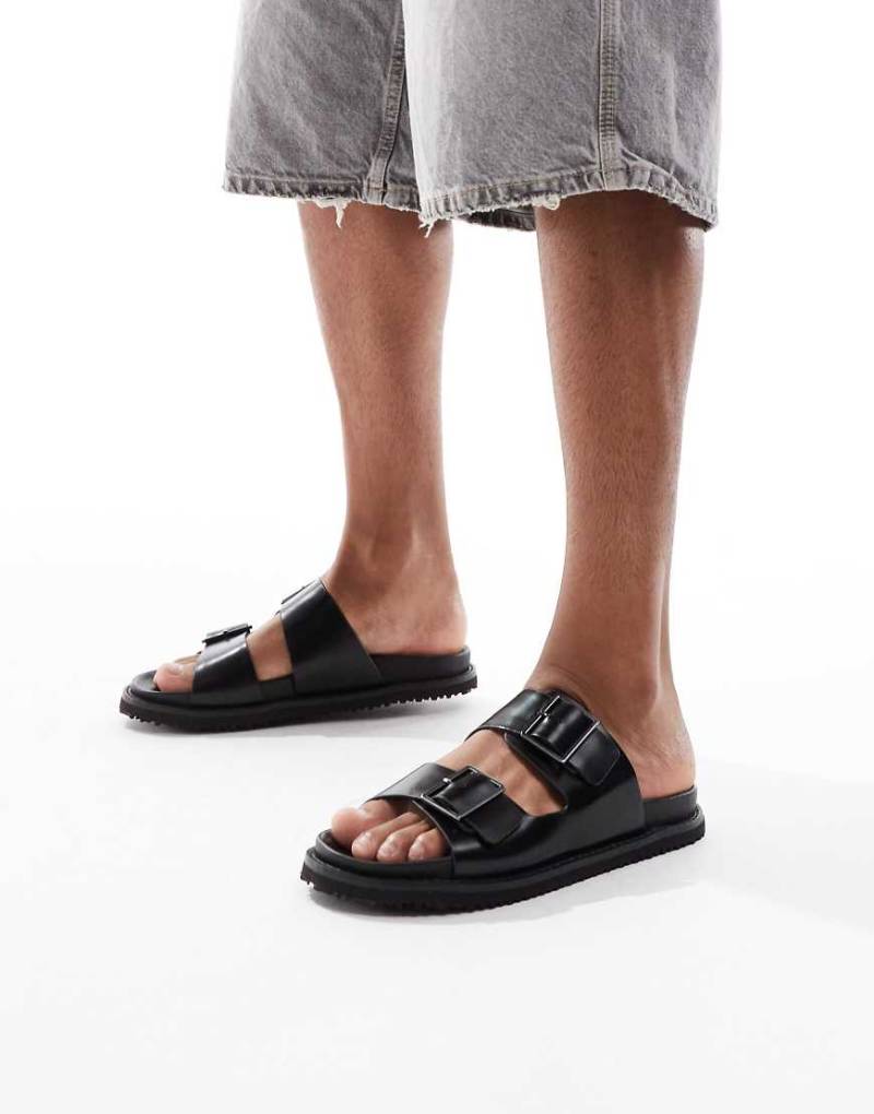 Jack & Jones - Ledersandalen in Schwarz mit zwei Riemen von Jack & Jones