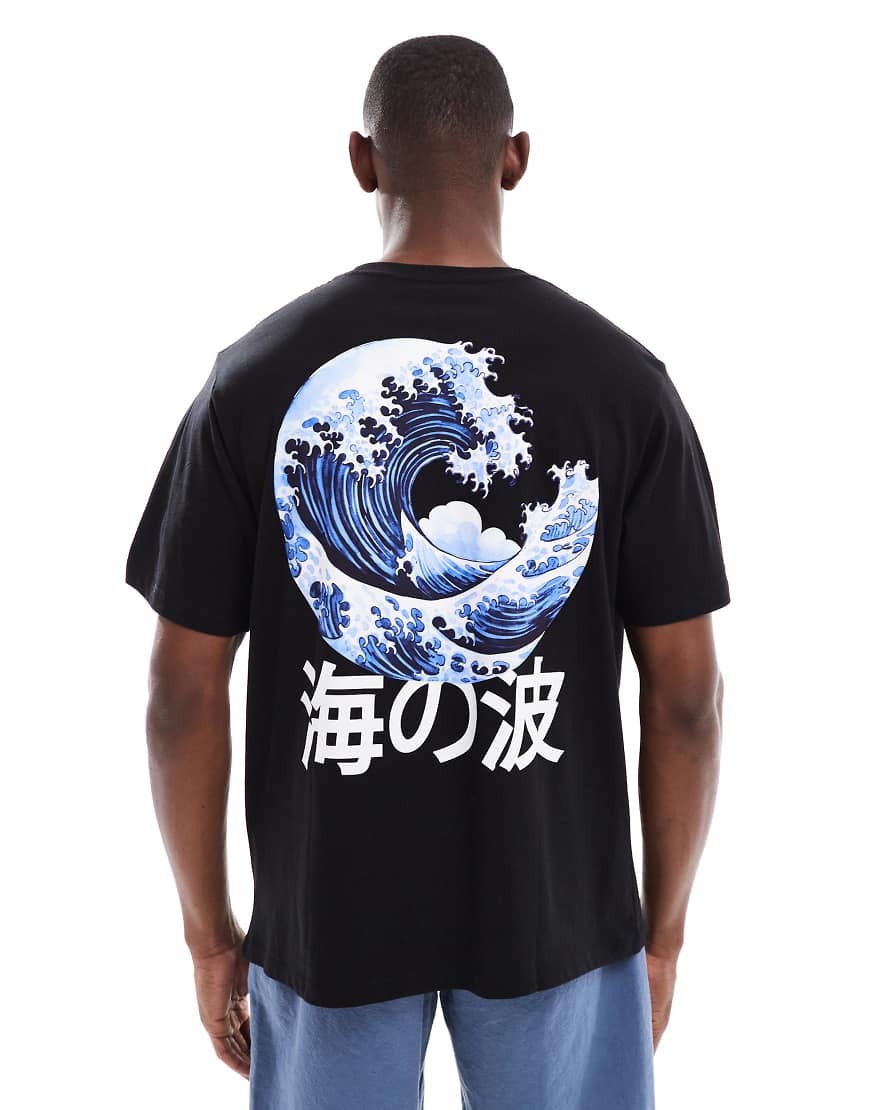 Jack & Jones - Oversize-T-Shirt mit Wellenmotiv-Rückenprint-Schwarz von Jack & Jones