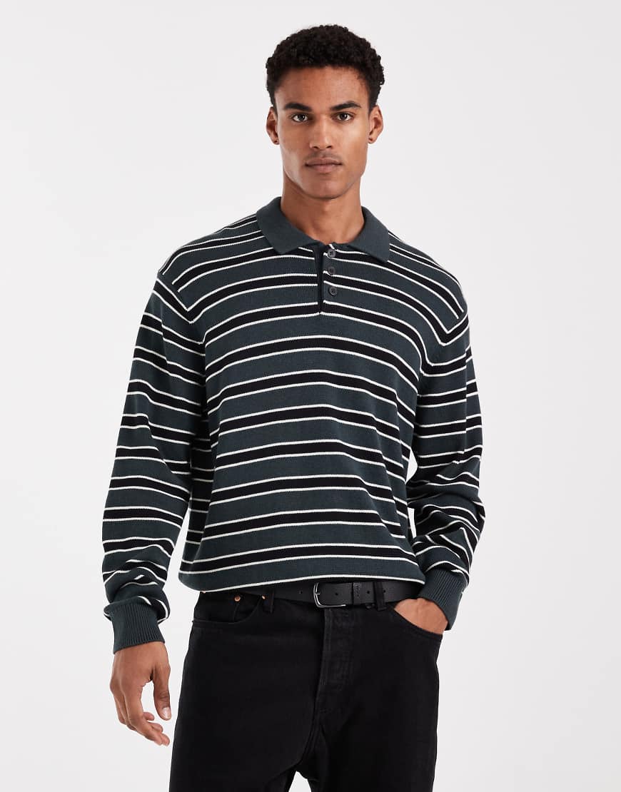 Jack & Jones - Polo-Strickpullover in Schwarz und Grün gestreift von Jack & Jones