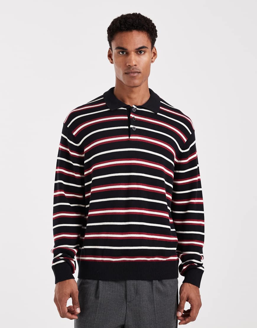 Jack & Jones - Polo-Strickpullover in Schwarz und Rot gestreift-Bunt von Jack & Jones