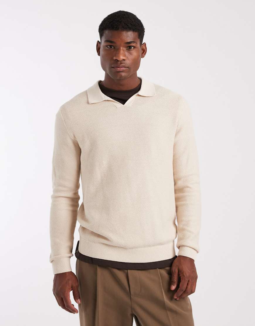 Jack & Jones Premium - Langärmliges Strick-Polohemd in Creme-Weiß von Jack & Jones