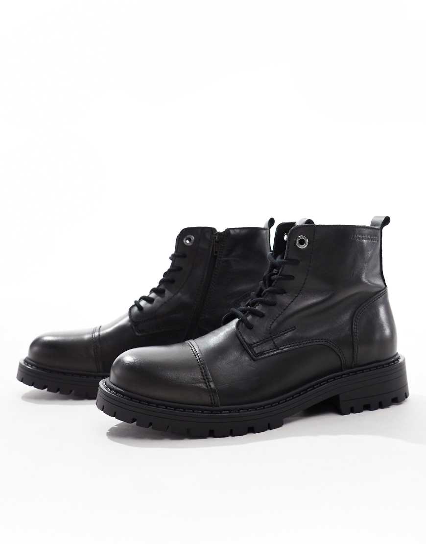 Jack & Jones - Schnürstiefel aus Leder in Schwarz mit dicker Sohle von Jack & Jones