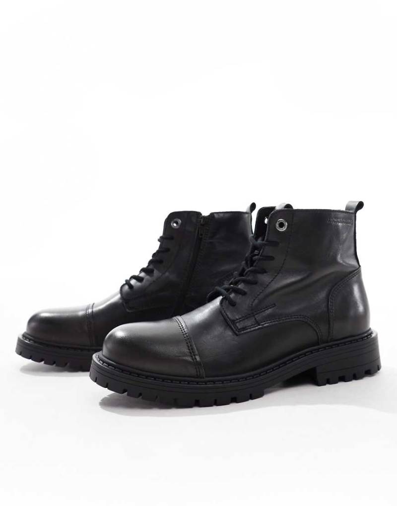 Jack & Jones - Schnürstiefel aus Leder in Schwarz mit dicker Sohle von Jack & Jones