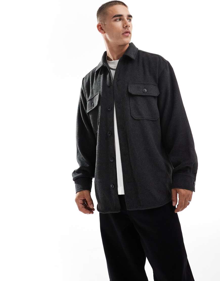 Jack & Jones - Schwere Hemdjacke in Dunkelgrau aus gebürstetem Twill-Schwarz von Jack & Jones