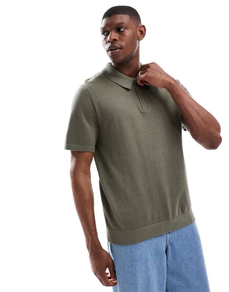 Jack & Jones - Strick-Polohemd in Khaki mit Reißverschluss-Grün von Jack & Jones