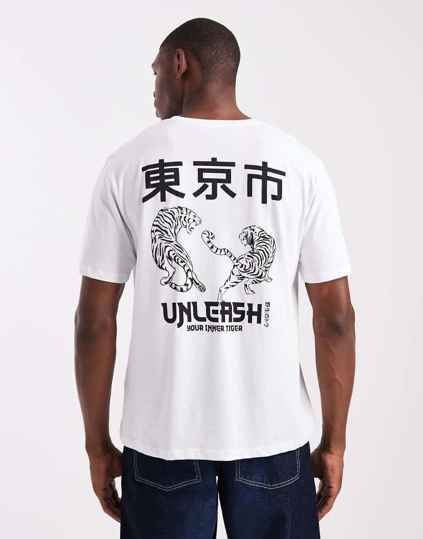 Jack & Jones - T-Shirt in Weiß mit Tiger-Print auf dem Rücken von Jack & Jones