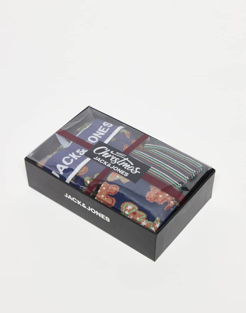 Jack & Jones - Weihnachtliche Geschenkbox mit Unterhose und Socken mit Lebkuchen-Motiv-Blau von Jack & Jones
