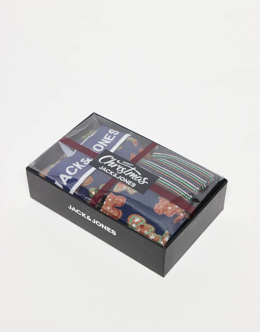 Jack & Jones - Weihnachtliche Geschenkbox mit Unterhose und Socken mit Lebkuchen-Motiv-Blau von Jack & Jones