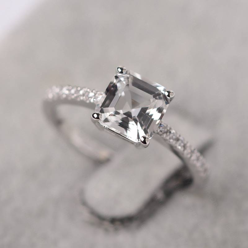 14K Weißgold Weiß Topas Ehering Asscher Schnitt Simulierter Diamant Verlobungsring November Birthstone von JackDesignJewelry