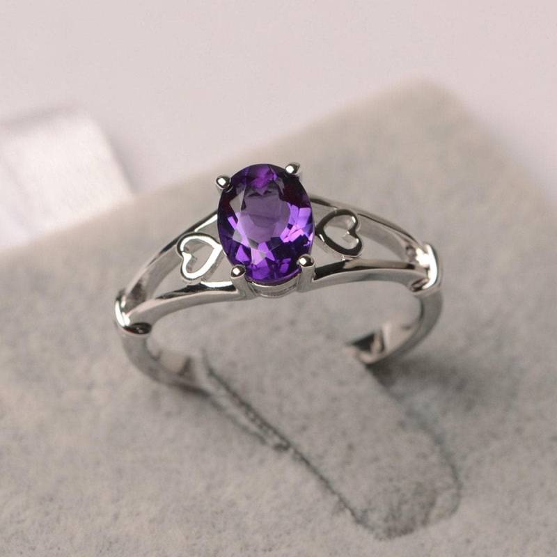 Amethyst Ring Oval Sterling Silber Solitär Verlobungsring Für Frauen Lila Edelstein Februar Geburtsstein von JackDesignJewelry