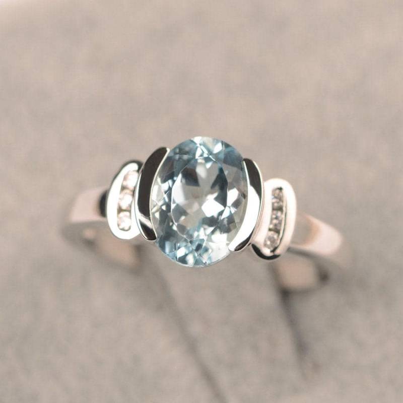 Aquamarin Ring Ovalschliff Lünette Einstellung Spiel Geburtsstein Sterling Silber Verlobungsring Für Frauen von JackDesignJewelry