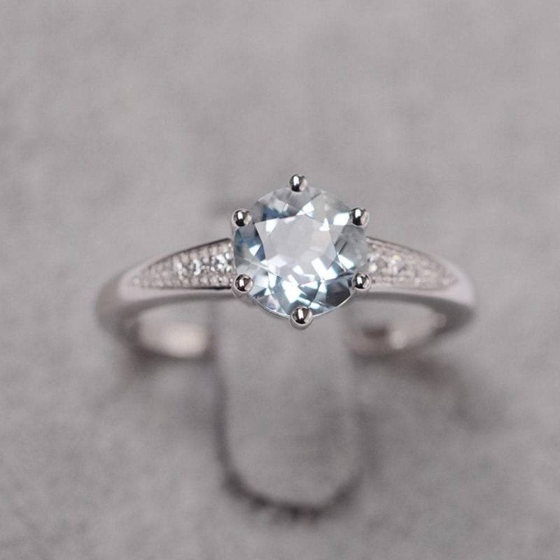 Aquamarin Ring Sterling Silber Ehering Runden Schnitt Edelstein März Geburtsstein Für Frauen von JackDesignJewelry