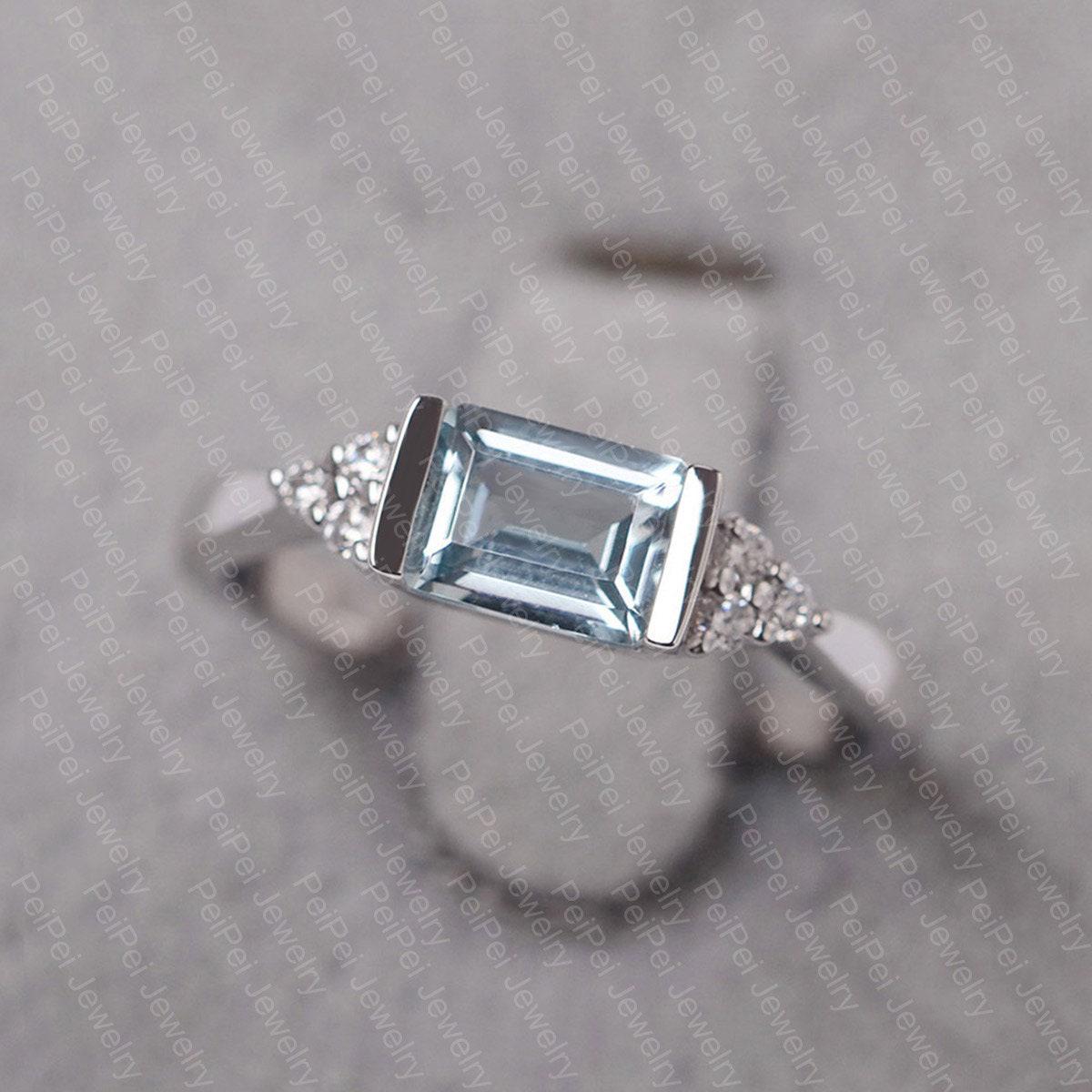 Aquamarin Ring Sterling Silber Jubiläumsring Smaragdschliff Halbe Lünette März Geburtsstein Für Frauen von JackDesignJewelry