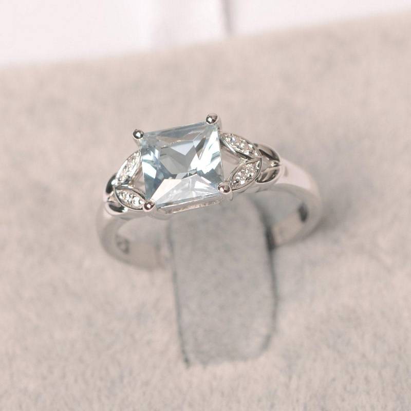 Aquamarin Verlobungsring Prinzessin Schliff März Geburtsstein Sterling Silber Ehering Für Frauen von JackDesignJewelry