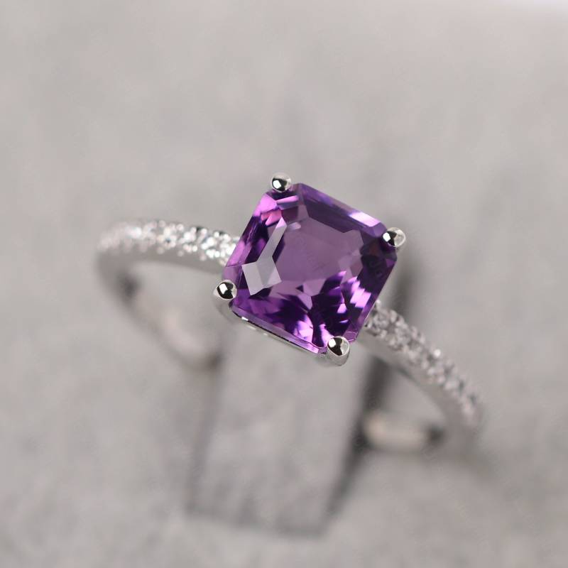Asscher Cut Verlobungsringe Amethyst Versprechen Ring Massiv Silber Februar Birthstone von JackDesignJewelry