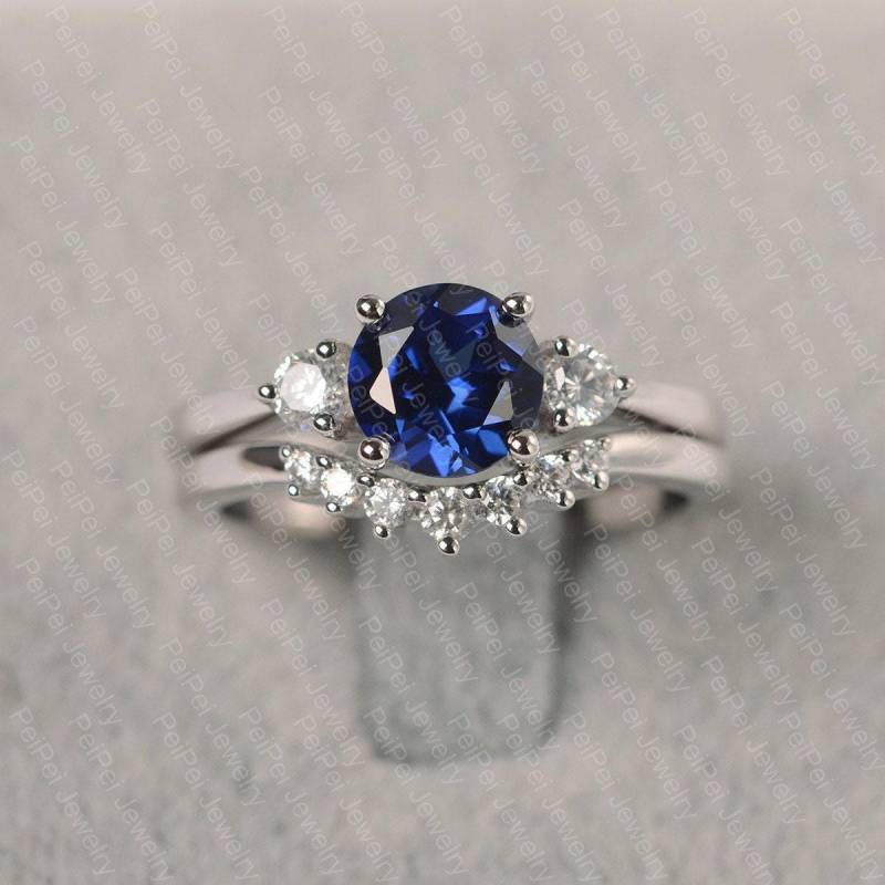 Blau Saphir Ring Rundschliff Sterling Silber Verlobungsringe Braut Set September Geburtsstein von JackDesignJewelry