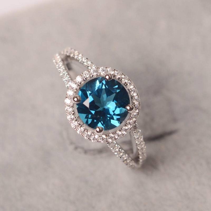 Brillaint Schnitt London Blauer Topas Verlobungsring Sterling Silber Halo Ring November Geburtsstein von JackDesignJewelry