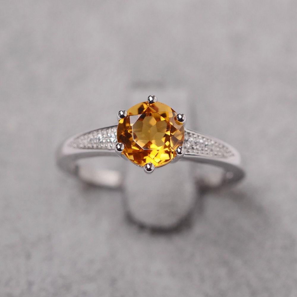 Citrin Ring November Birthstone Weißgold Verlobungsring Für Frauen Runder Gelber Edelstein von JackDesignJewelry