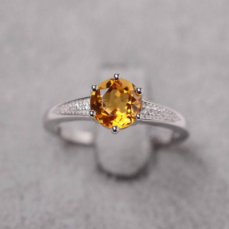 Citrin Ring November Birthstone Weißgold Verlobungsring Für Frauen Runder Gelber Edelstein von JackDesignJewelry