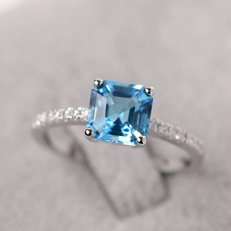 Echter Schweizer Blautopas Vorschlag Ring Sterling Silber Asscher Cut Ehering November Birthstone von JackDesignJewelry