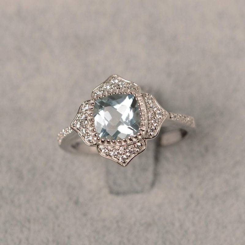 Florall Ring Aquamarin Statement Silber Sterling März Geburtsstein Kissenschliff von JackDesignJewelry