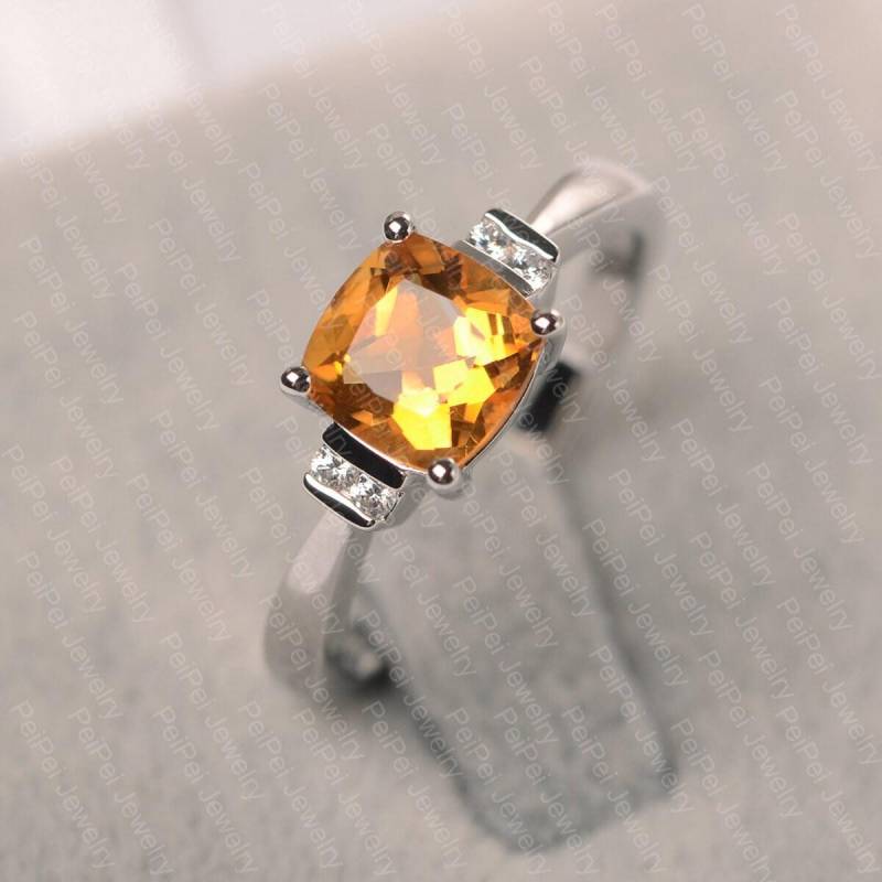 Gelb Citrin Ring Kissenschliff November Birthstone Silber Verlobungsring Für Frauen von JackDesignJewelry