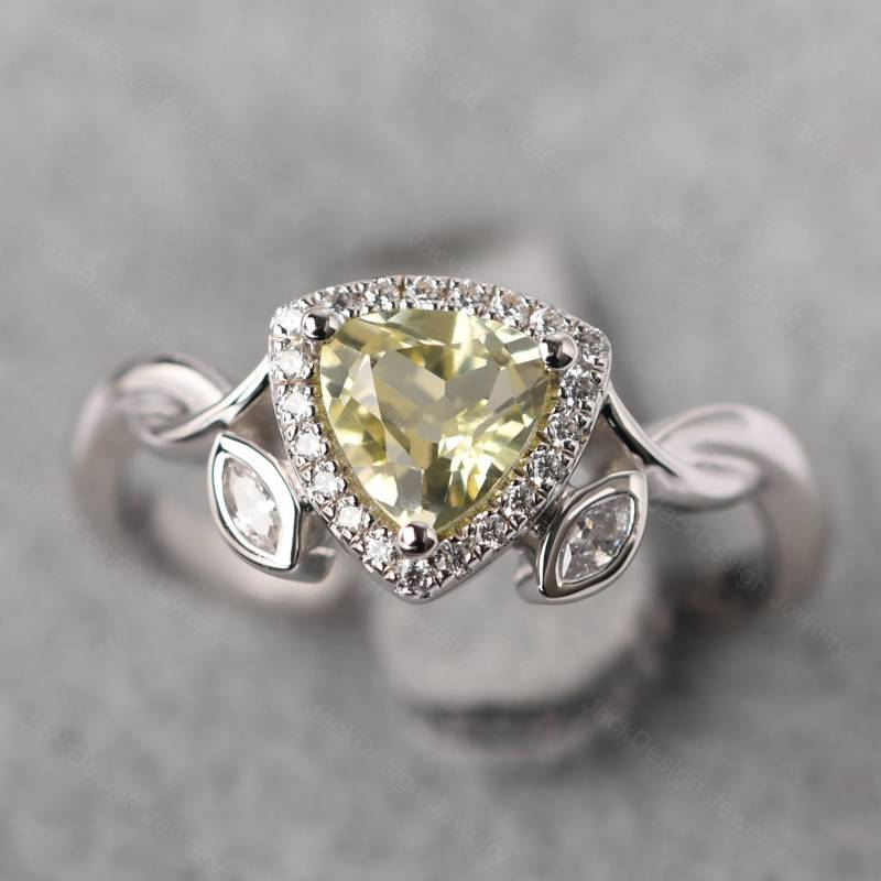 Trillion Geschnittene Lemon Quartz Verlobungsring Mit Blättern Sterling Silber Zweig Versprechen Ring von JackDesignJewelry