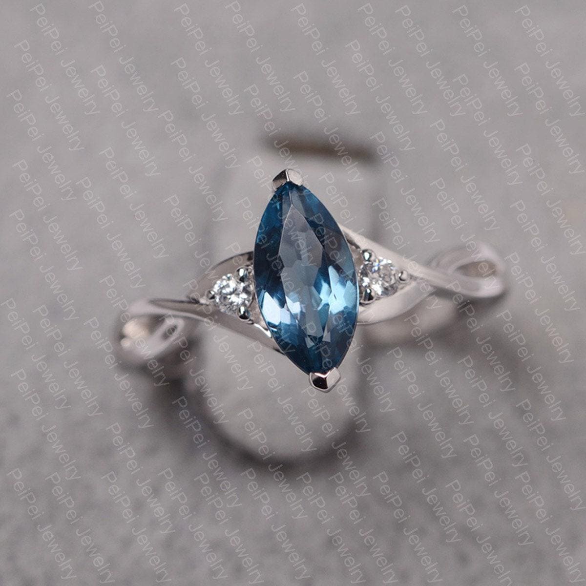 London Blau Topas Ring Sterling Silber Verlobungsring Marquise Geschliffene Edelsteine Twist Für Frauen von JackDesignJewelry