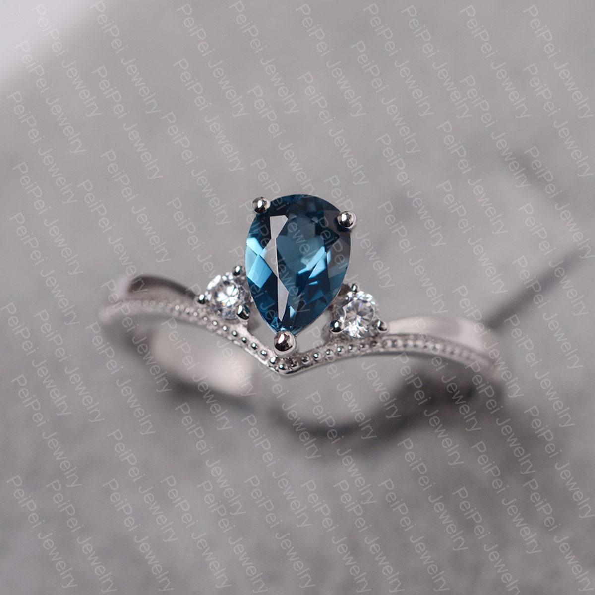 London Blauer Topas Tropfenförmiger Sterlingsilber-Ehering Für Mädchen Natürlicher Edelsteinring von JackDesignJewelry