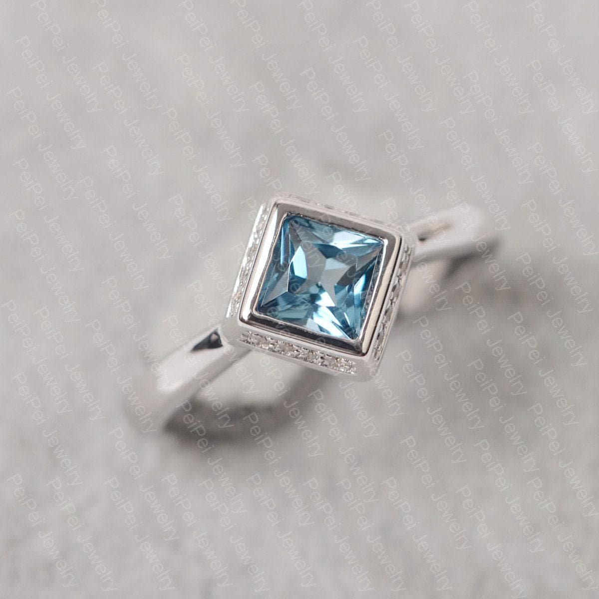 London Blautopas Ring Princess Cut Blauen Stein Weißgold Ehering Für Damen von JackDesignJewelry