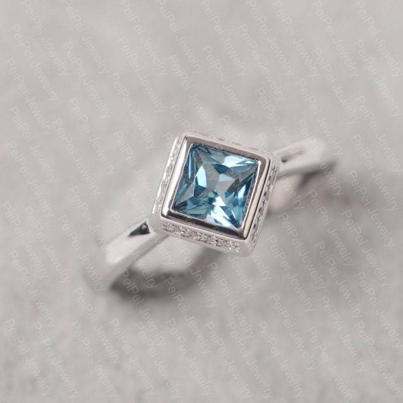 London Blautopas Ring Princess Cut Blauen Stein Weißgold Ehering Für Damen von JackDesignJewelry