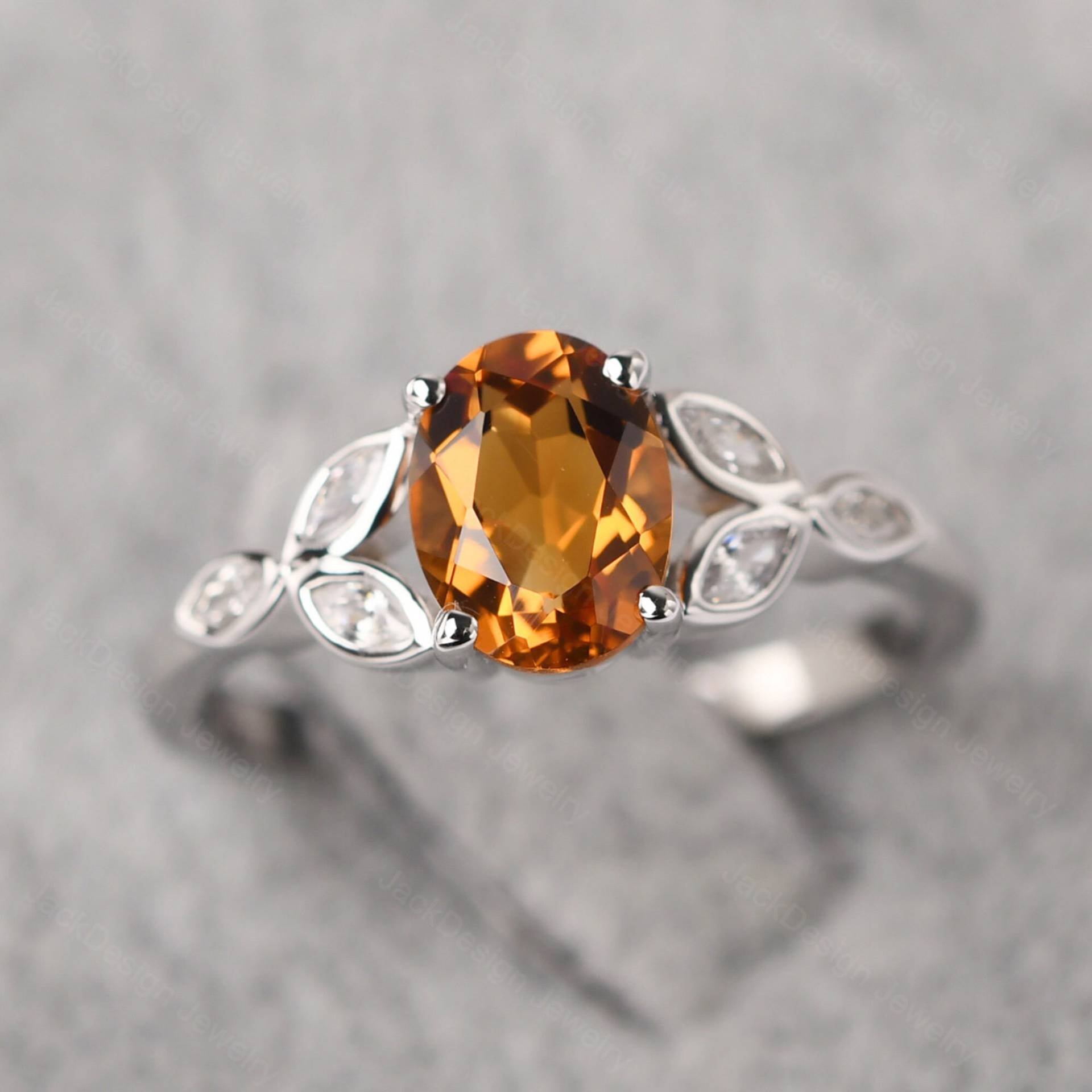 Ovaler Schliff 6x8 Mm Gelb Citrin Blatt Ehering 14K Weißgold November Geburtsstein Ring von JackDesignJewelry