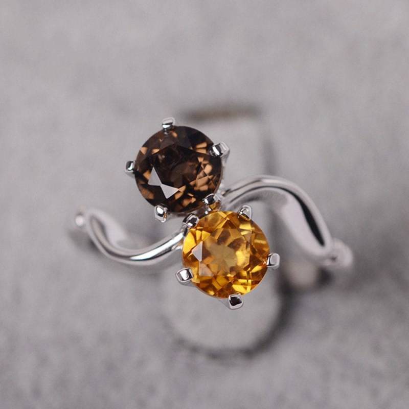 Rauchquarz Citrin Ring Sterling Silber Verlobungsring Mit Zwei Steinen Für Frauen Brillantschliff von JackDesignJewelry