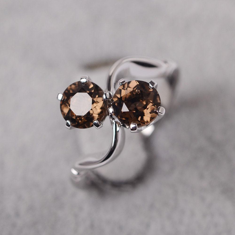 Rauchquarz Ring Runden Schnitt Weißgold Zwei Stein-Verlobungsring von JackDesignJewelry